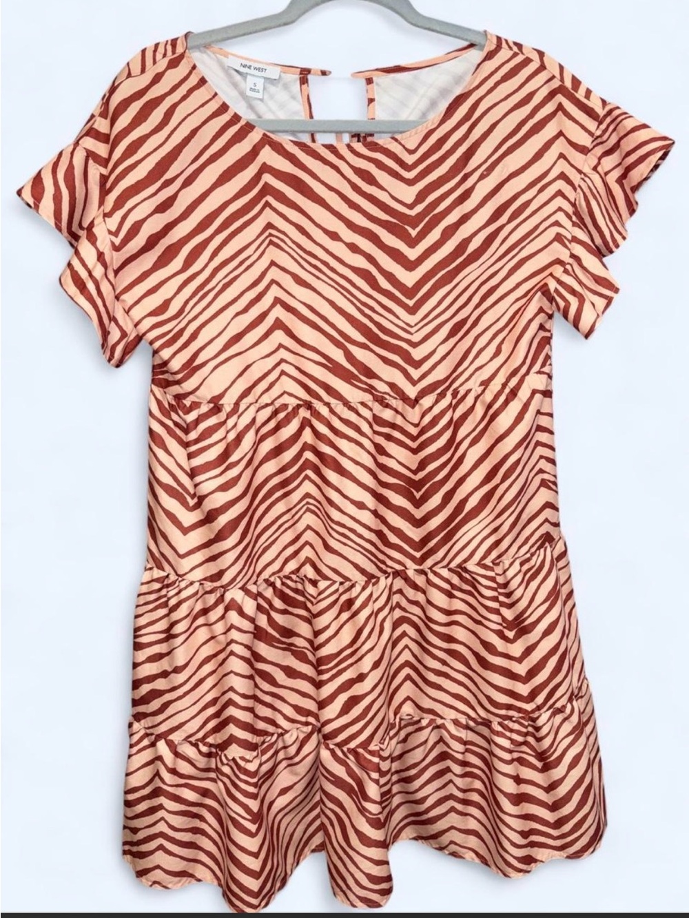 Nine West Rust and Cream Zebra-Print Tiered Short-Sleeve Tunic